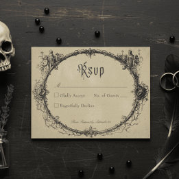 Cartão RSVP Vintage Gothic Black Toile Frame Tan Wedding