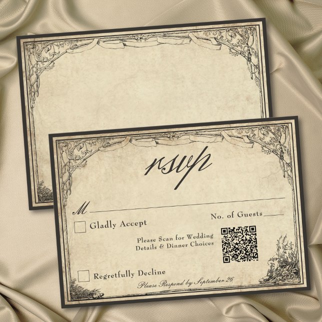 Cartão RSVP Vintage Gothic Medieval Parchment Wedding QR (Vintage Gothic Medieval Parchment Wedding QR RSVP Card)