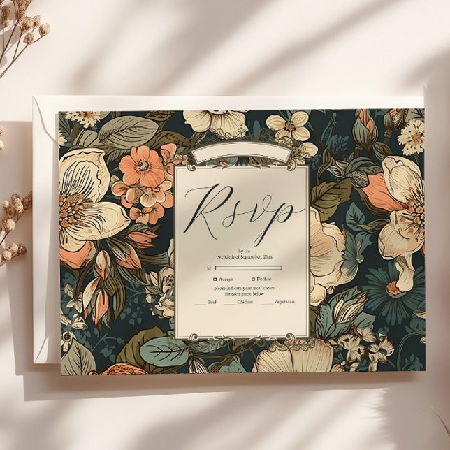 Cartão RSVP Vintage Green Fall Flowers Casamento (Criador carregado)