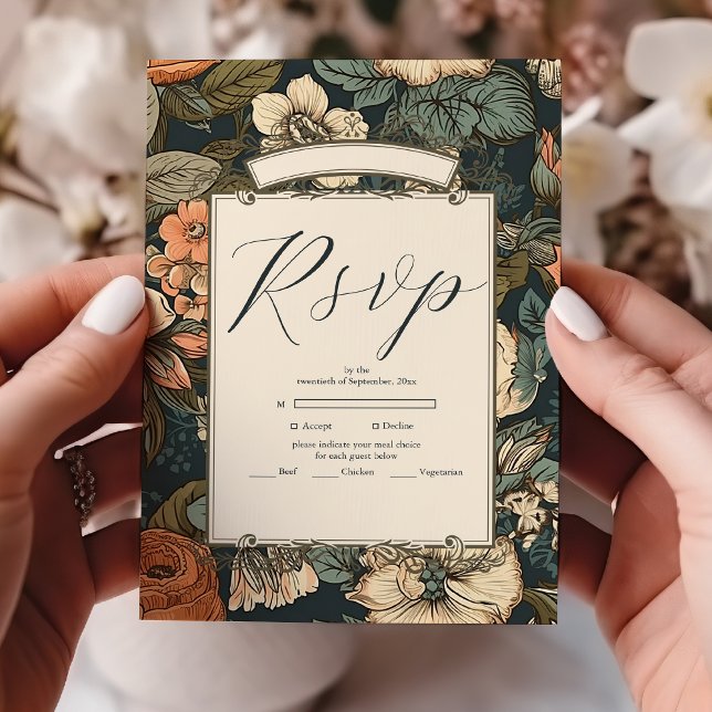 Cartão RSVP Vintage Green Fall Flowers Casamento (Criador carregado)
