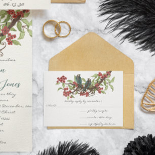 Cartão RSVP Vintage Love Bird Red Cherry Blossom Casamento