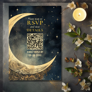Cartão RSVP Vintage Moon e Stars Código QR Casamento Celestial