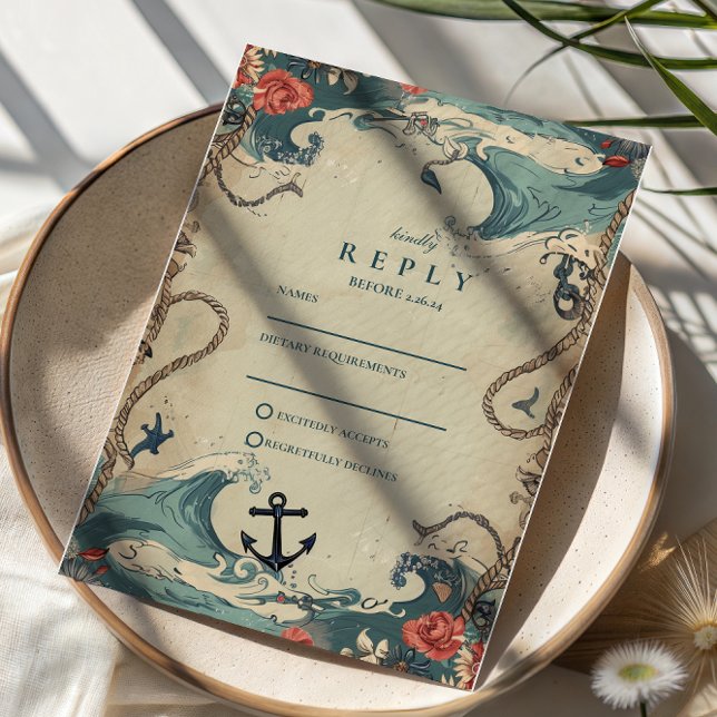 Cartão RSVP Vintage Nautical Waves & Rope Wedding (Criador carregado)