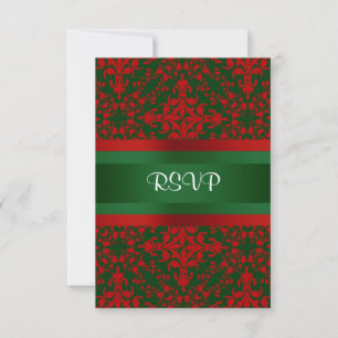 Cartão RSVP Vintage parece Red & Green Damask #2