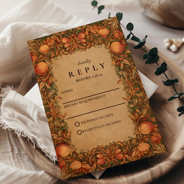 Cartão RSVP Vintage Pomegranate Art Nouveau Casamento (Criador carregado)