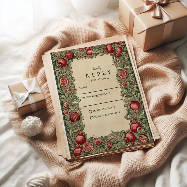 Cartão RSVP Vintage Pomegranate Garden Wedding (Criador carregado)