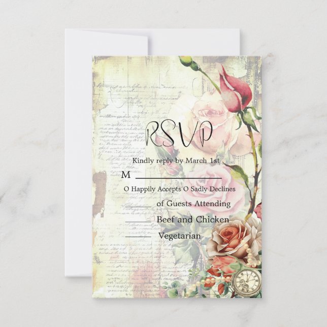 Cartão RSVP Vintage Rosa Wedding (Frente)