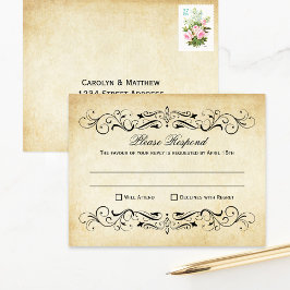 Cartão RSVP Vintage Rustic Black Flourish Parerging Casamento