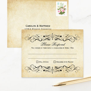 Cartão RSVP Vintage Rustic Black Flourish Parerging Casamento