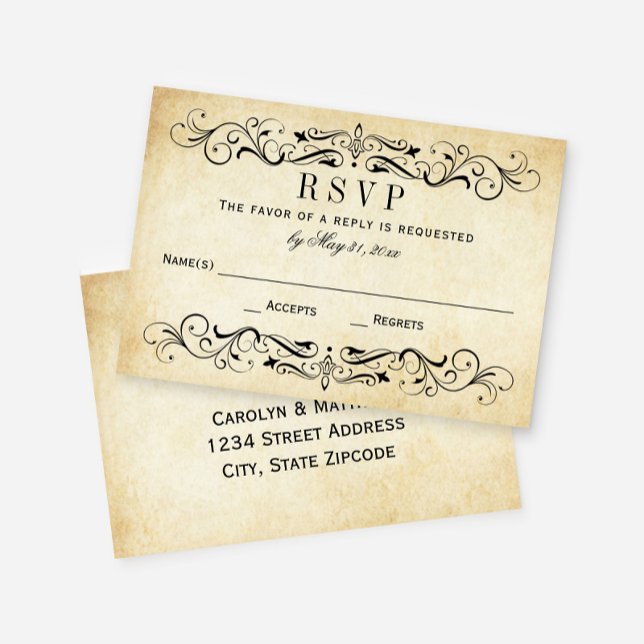 Cartão RSVP Vintage Rustic Black Flourish Parerging Casamento (Criador carregado)