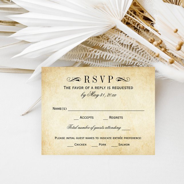 Cartão RSVP Vintage Rustic Black Flourish Parerging Casamento (Criador carregado)