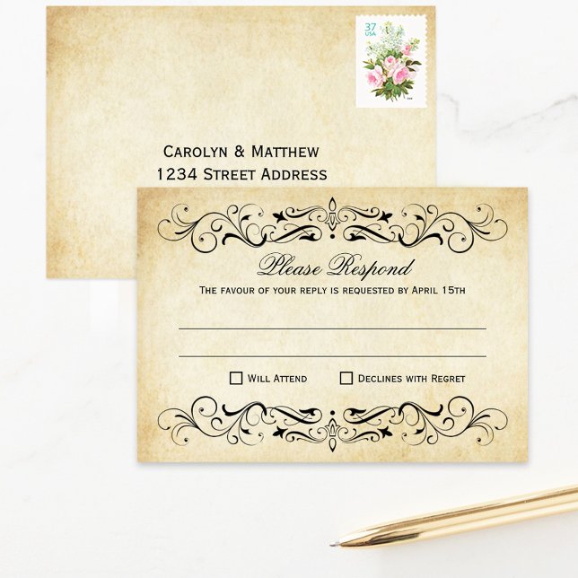 Cartão RSVP Vintage Rustic Black Flourish Parerging Casamento (Criador carregado)