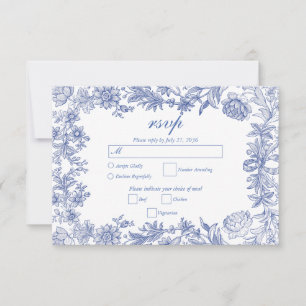 Cartão RSVP Vintage Rustic French Blue Floral Casamento
