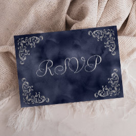 Cartão RSVP Vintage Silver Marinho Blue Watercolor Casamento