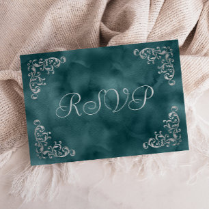 Cartão RSVP Vintage Silver Teal Blue Watercolor Casamento