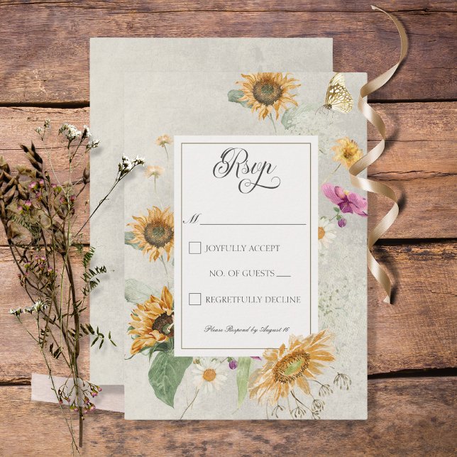 Cartão RSVP Vintage Summer Sunflower Wedding (Criador carregado)