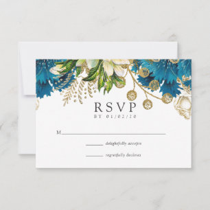 Cartão RSVP Vintage Turquoise e Shabby Floral Casamento Dourad