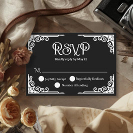 Cartão RSVP  Vintage White Black Wedding 
