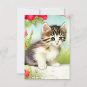Cartão RSVP Vintage White e Brown Kitten com Flores
