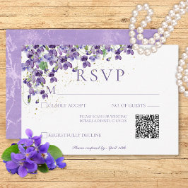 Cartão RSVP Violetas de Aquarela Roxa Código QR de Casamento