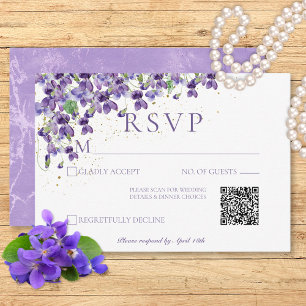 Cartão RSVP Violetas de Aquarela Roxa Código QR de Casamento