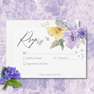 Cartão RSVP Violetas Florais Modernas Roxas e Amarelas para Ca