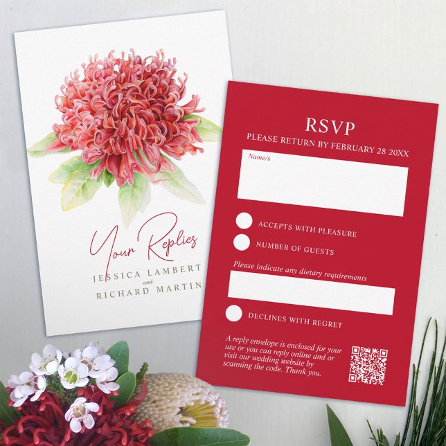Cartão RSVP Waratah Vermelha flores nativas casamento australi (Criador carregado)