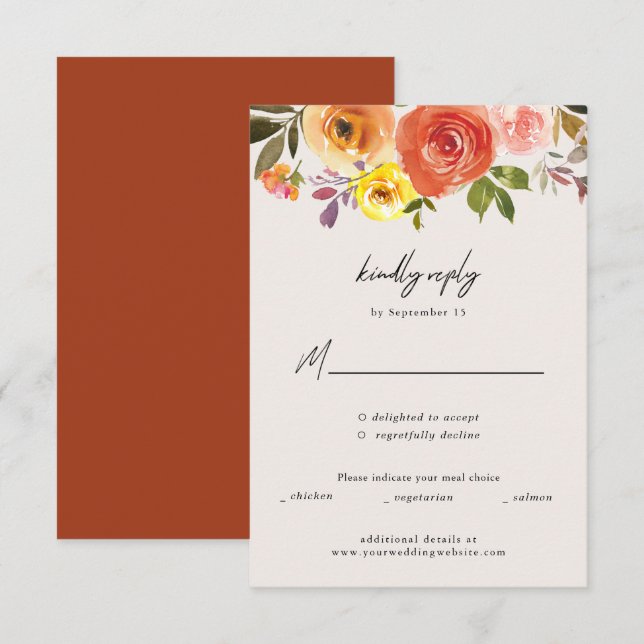 Cartão RSVP Watercolor Autumn Floral Wedding Response Card (Frente/Verso)
