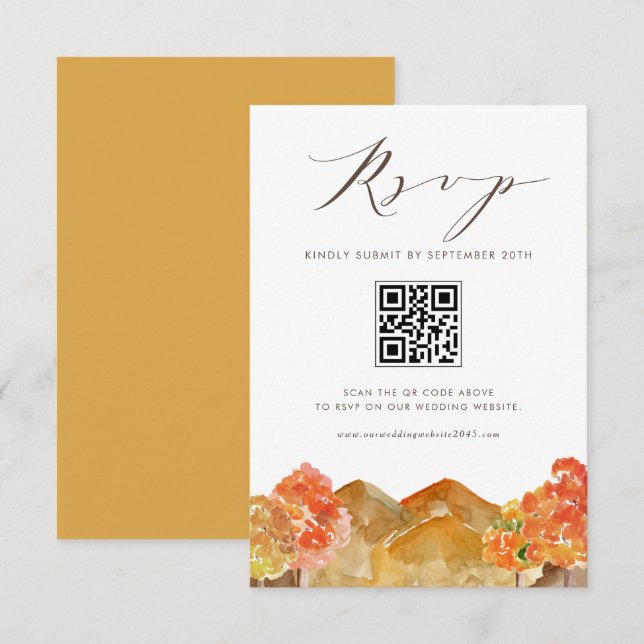 Cartão RSVP Watercolor Autumn Woodlands Casamento Código QR de (Frente/Verso)