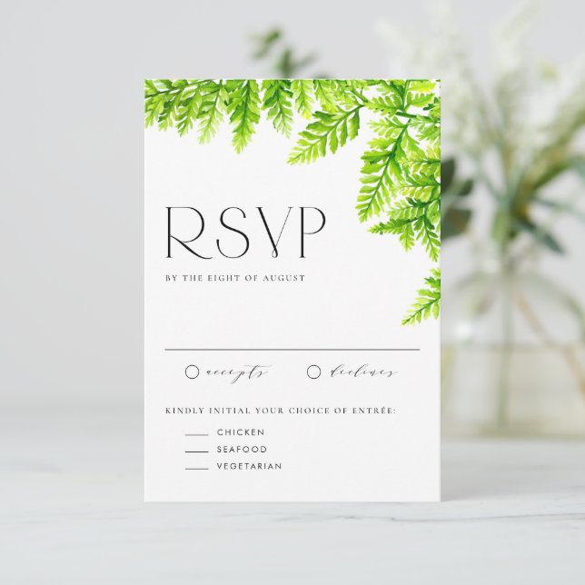 Cartão RSVP Watercolor Chartreuse Green Fern Deixa Casamento (Em pé/Frente)