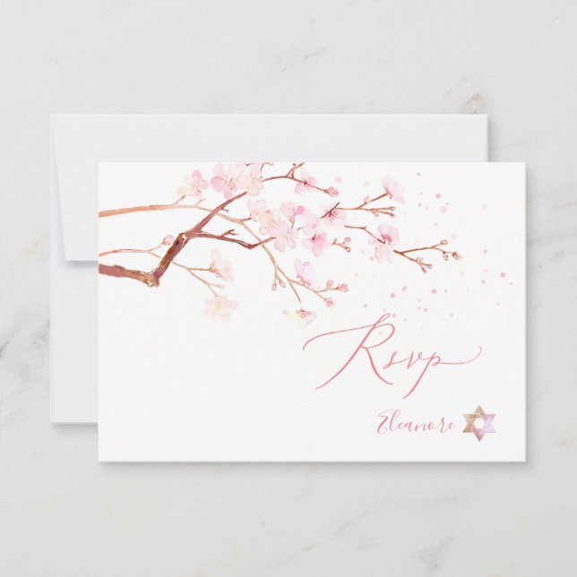 Cartão RSVP Watercolor Cherry Blossoms Bat Mitzvah ✡ (Frente)