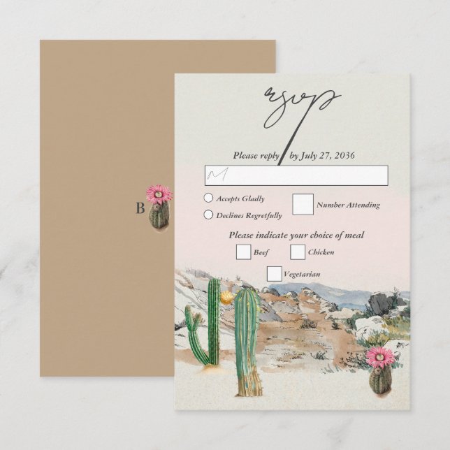 Cartão RSVP Watercolor Desert Cactus Boho Wedding (Frente/Verso)