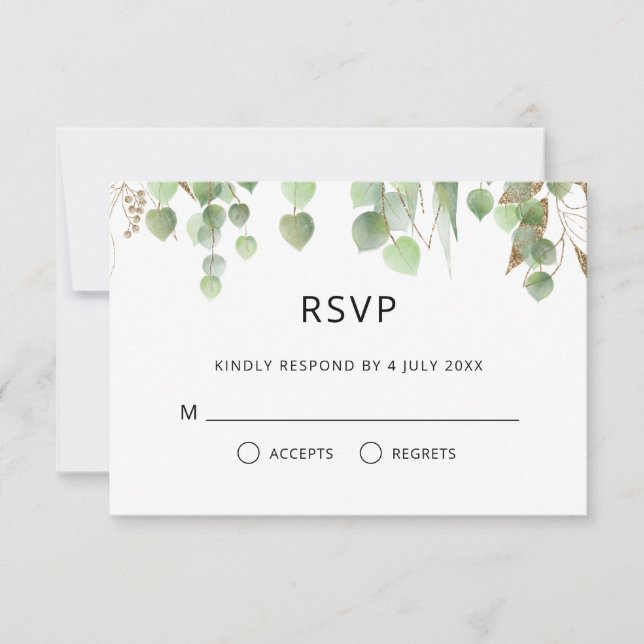 Cartão RSVP Watercolor Eucalyptus Deixa Casamento Foliar Doura (Frente)