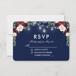 Cartão RSVP Watercolor Floral Blue Burgundy Jars Casamento RSV