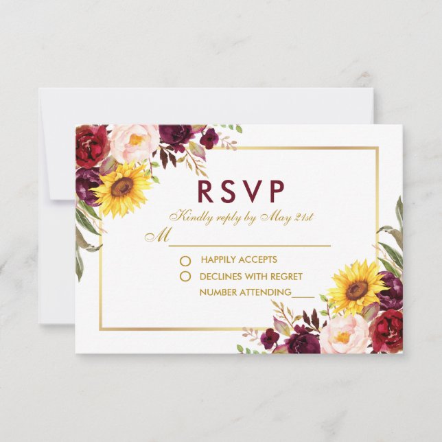 Cartão RSVP Watercolor Floral Dourado Wedding Burgundy (Frente)