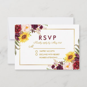 Cartão RSVP Watercolor Floral Dourado Wedding Burgundy