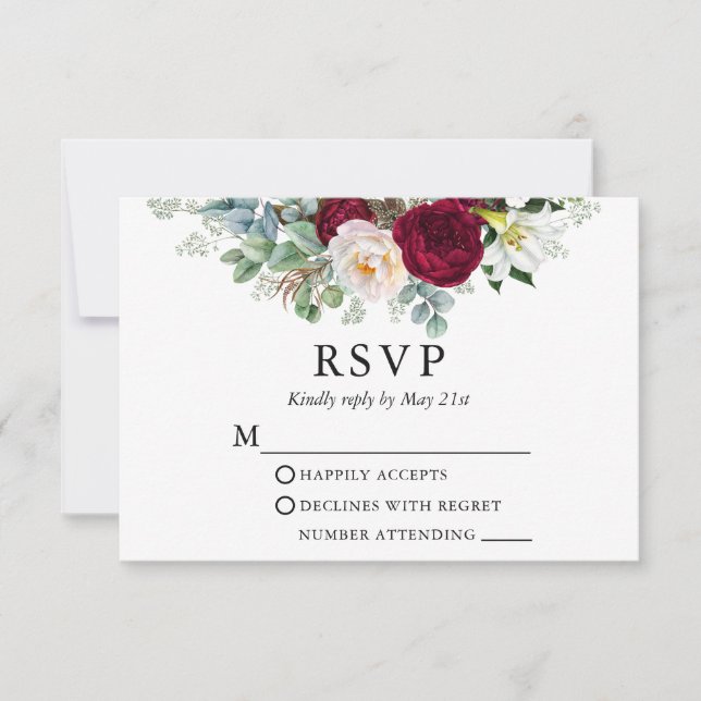 Cartão RSVP Watercolor Floral Greenery Burgundy (Frente)