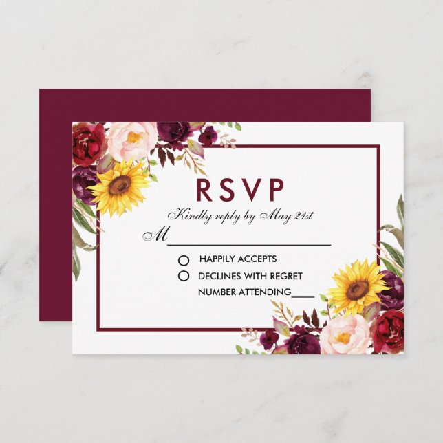 Cartão RSVP Watercolor Floral Wedding Burgundy (Frente/Verso)