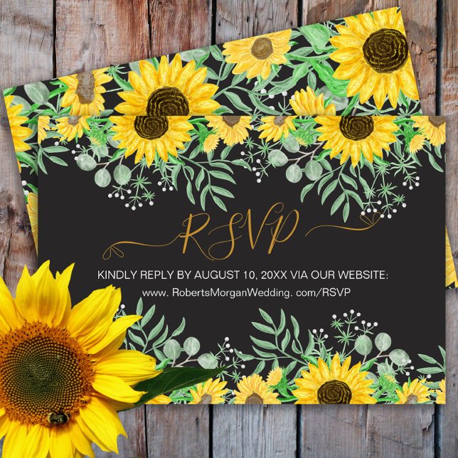 Cartão RSVP Watercolor Girassóis Sítio de Casamento Negro (Criador carregado)