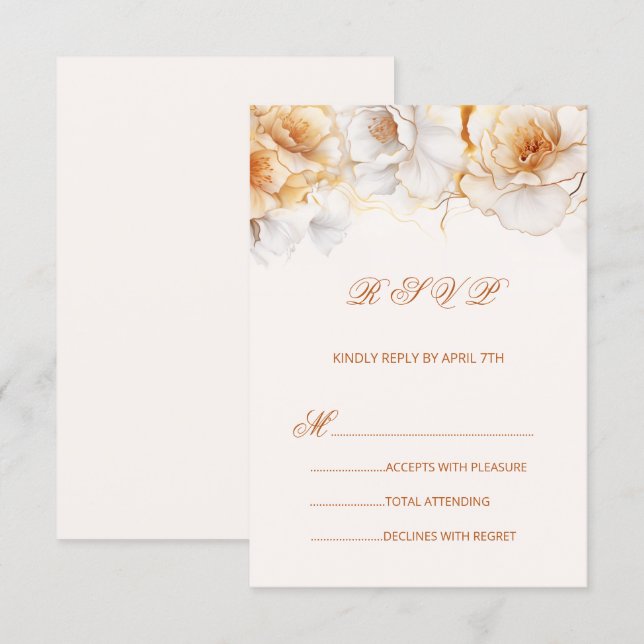 Cartão RSVP Watercolor Gold White Roses (Frente/Verso)