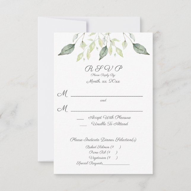 Cartão RSVP Watercolor Green Deixa Casamento Elegante (Frente)