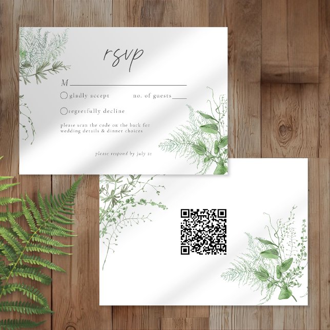 Cartão RSVP Watercolor Greenery Fern Rustic Wedding QR (Criador carregado)