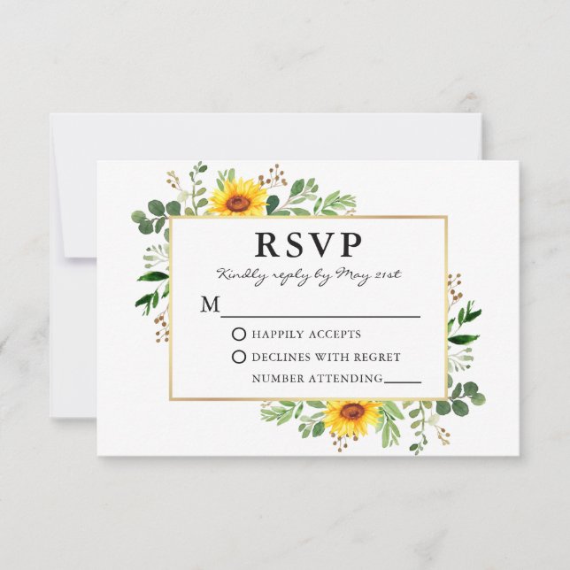 Cartão RSVP Watercolor Greenery Girassóis Dourado Casamento (Frente)