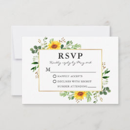 Cartão RSVP Watercolor Greenery Girassóis Dourado Casamento
