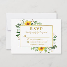 Cartão RSVP Watercolor Greenery Sunflower Casamento Dourado