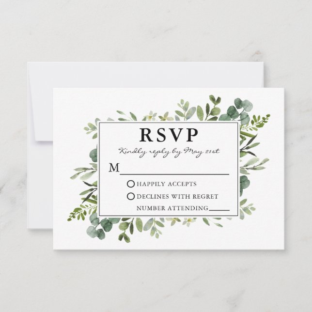 Cartão RSVP Watercolor Greenery Wedding (Frente)