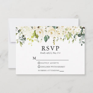 Cartão RSVP Watercolor Ivory White Floral Greenery Casamento