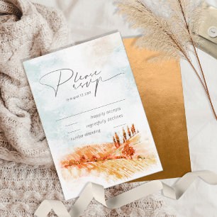 Cartão RSVP Watercolor Landscape Wedding Autumn Dourado ID786