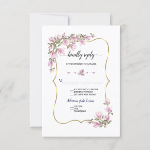 Cartão RSVP Watercolor Magnolia Flores Bloom Dourado Casamento