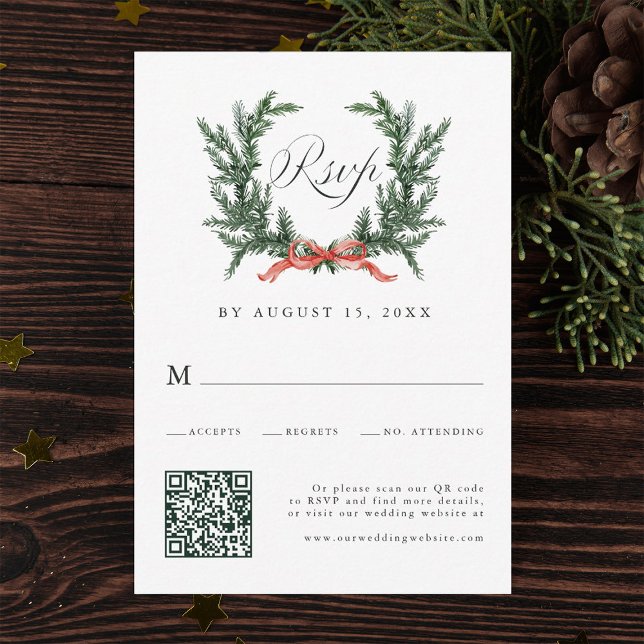 Cartão RSVP Watercolor Pine Wreath Wedding QR Code (Criador carregado)